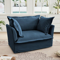 Cozy Slipcovered Armchair With Large Back Cushion And Two Plush Toss Pillows In Soft Chenille Fabric, Deep Seat Design, Elegant Blue Color