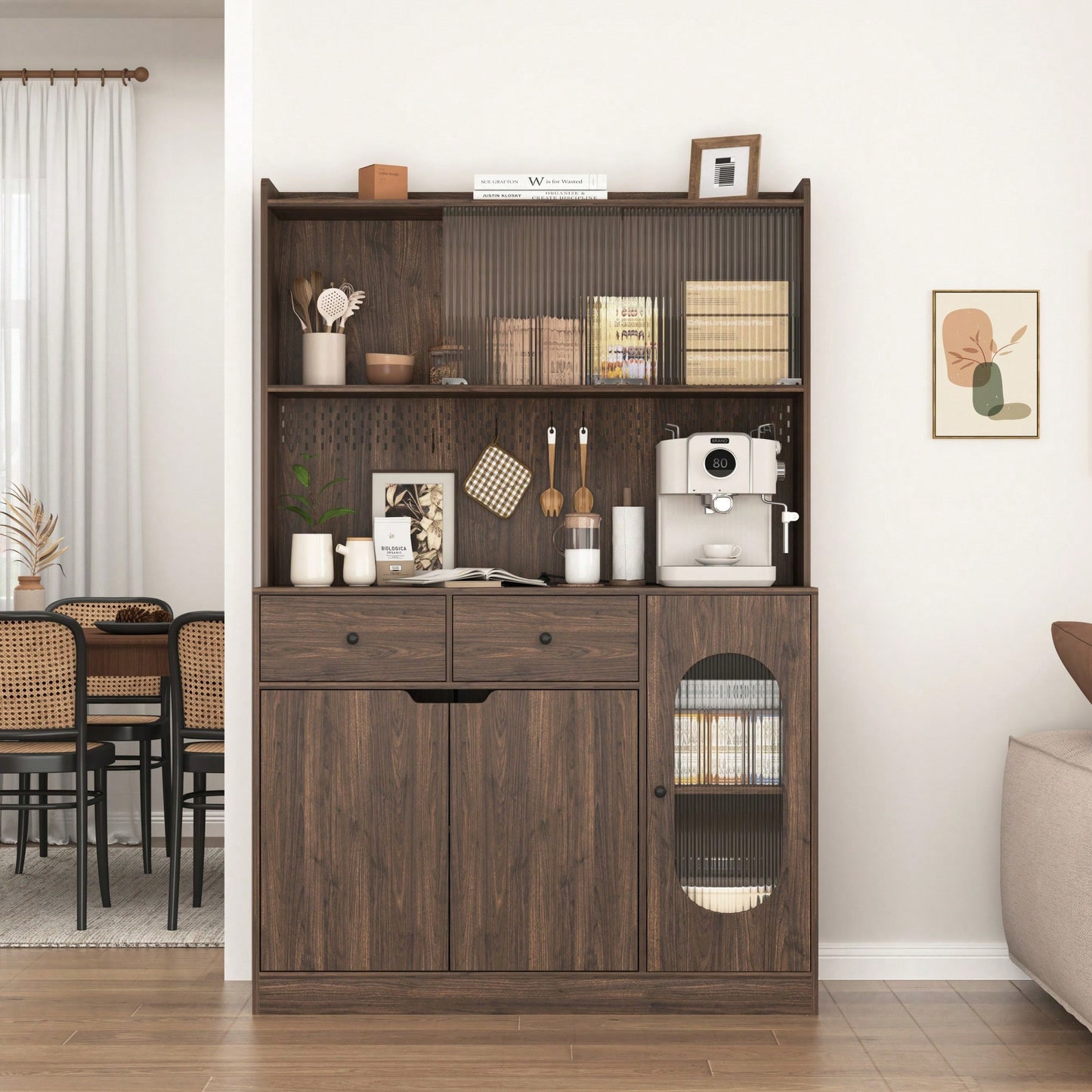 Tall Kitchen Pantry Storage Cabinet With Reeded Glass Doors And Microwave Stand For Kitchen And Living Room Organization