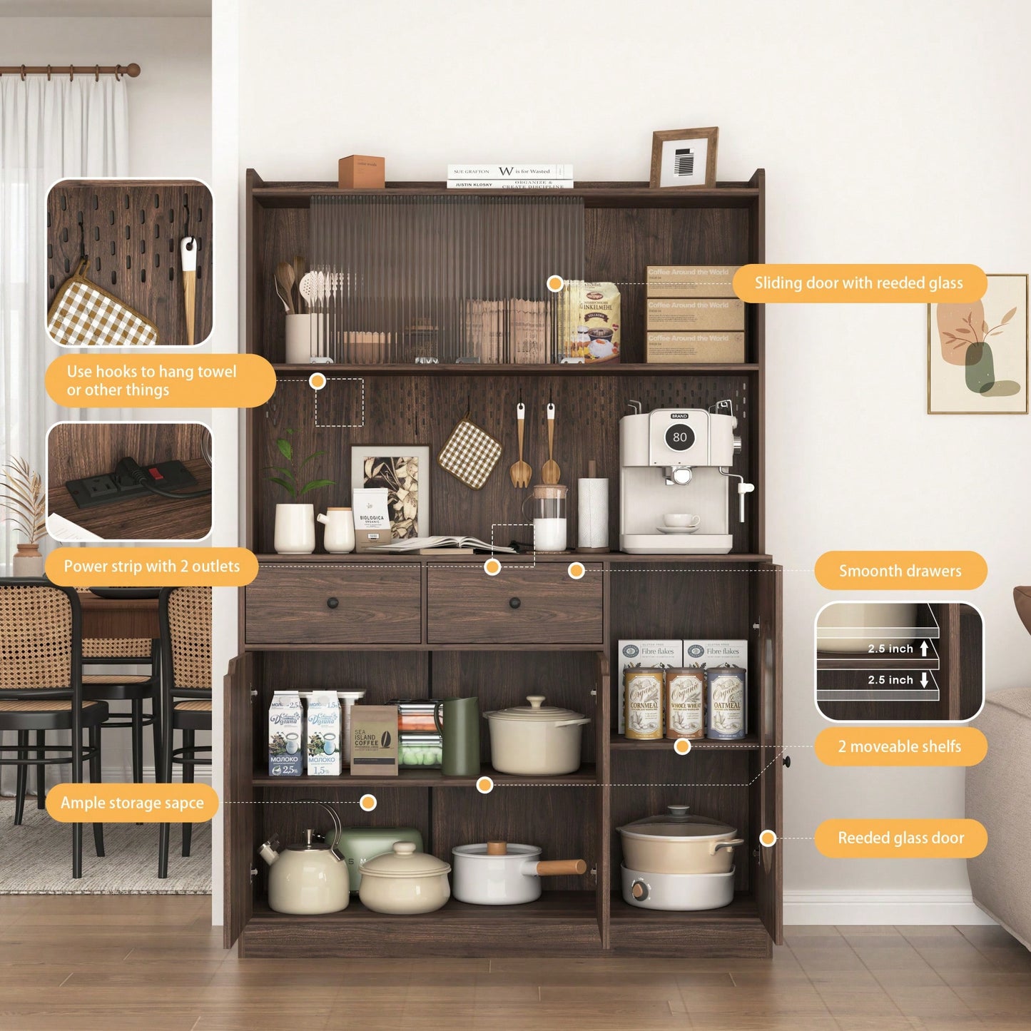 Tall Kitchen Pantry Storage Cabinet With Reeded Glass Doors And Microwave Stand For Kitchen And Living Room Organization