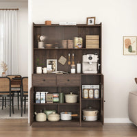 Tall Kitchen Pantry Storage Cabinet With Reeded Glass Doors And Microwave Stand For Kitchen And Living Room Organization