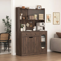 Tall Kitchen Pantry Storage Cabinet With Reeded Glass Doors And Microwave Stand For Kitchen And Living Room Organization