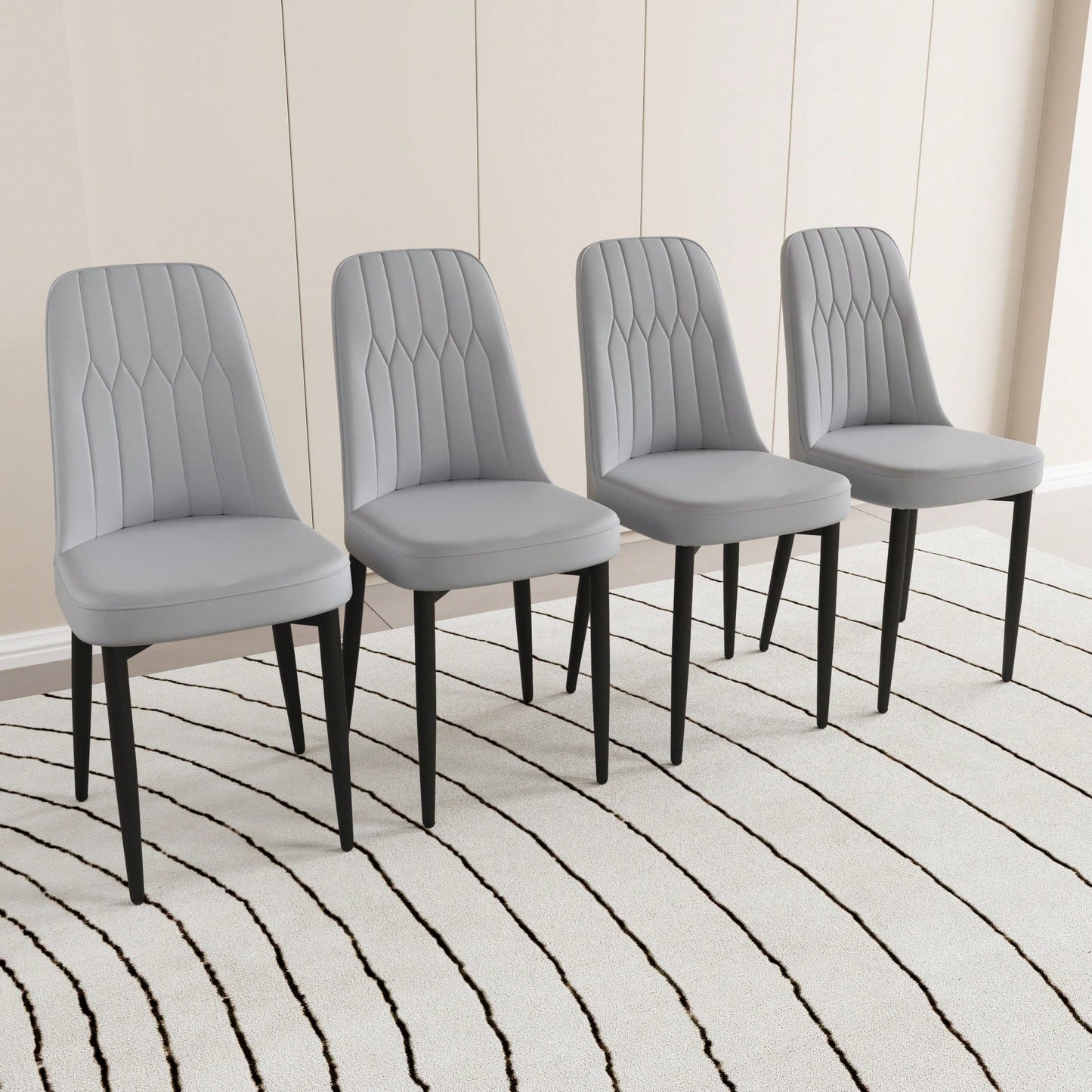 Set Of 4 Modern Grey PU Leather Dining Chairs With Soft Cushions And Black Metal Legs