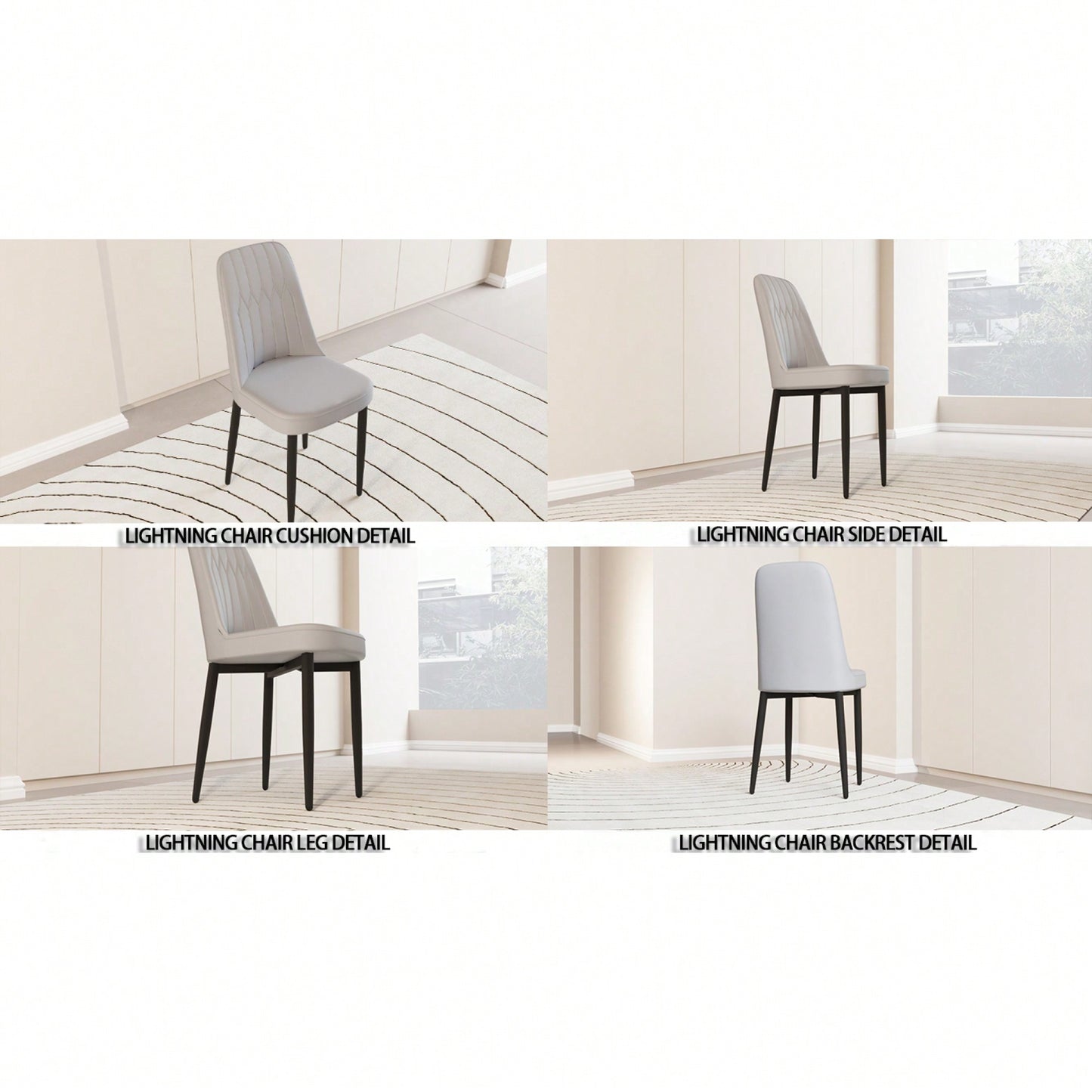 Set Of 4 Modern Grey PU Leather Dining Chairs With Soft Cushions And Black Metal Legs