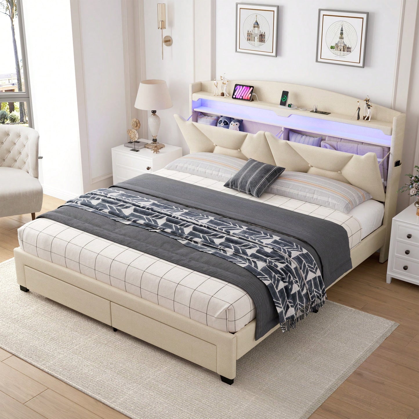 Queen Size Storage Headboard With RF LED Lights For Stylish Bedroom Organization