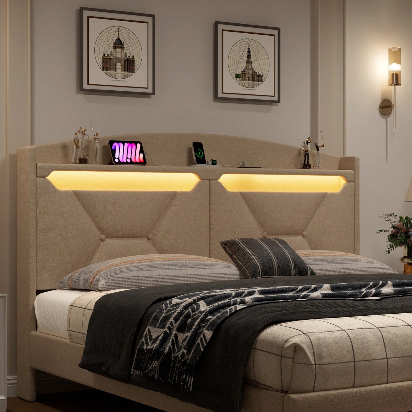 Queen Size Storage Headboard With RF LED Lights For Stylish Bedroom Organization