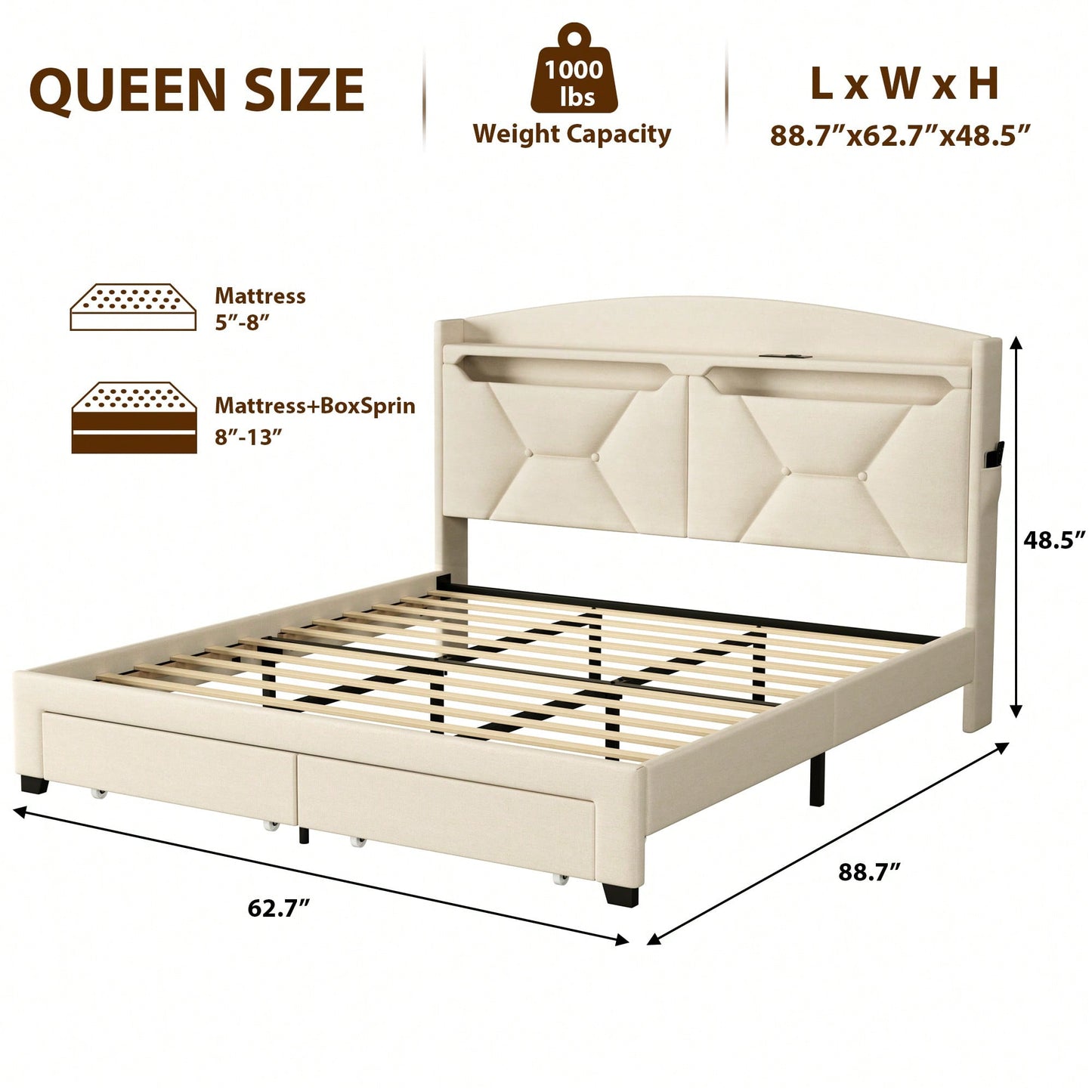 Queen Size Storage Headboard With RF LED Lights For Stylish Bedroom Organization