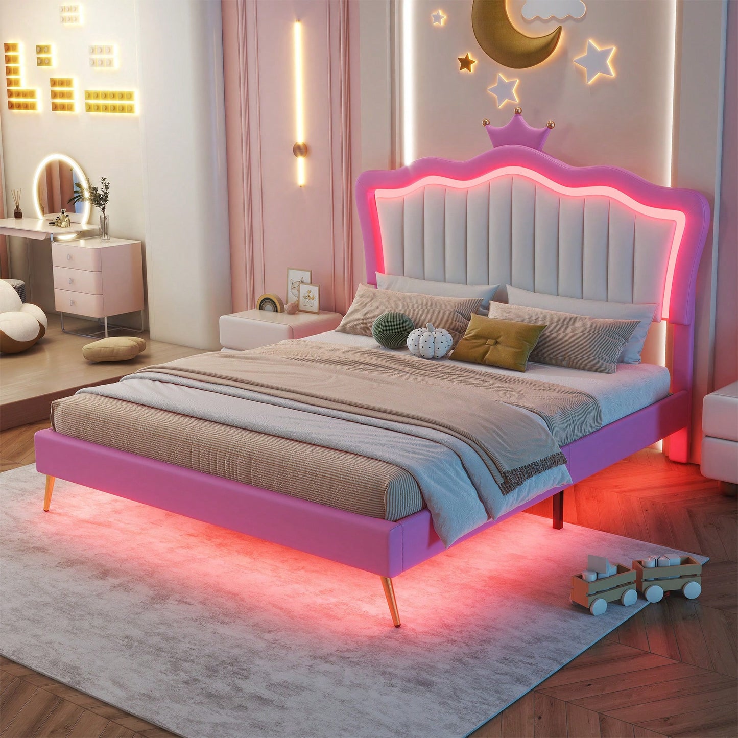 Modern Pink And White Upholstered Bed Frame With LED Lights And Crown Headboard For A Stylish Bedroom