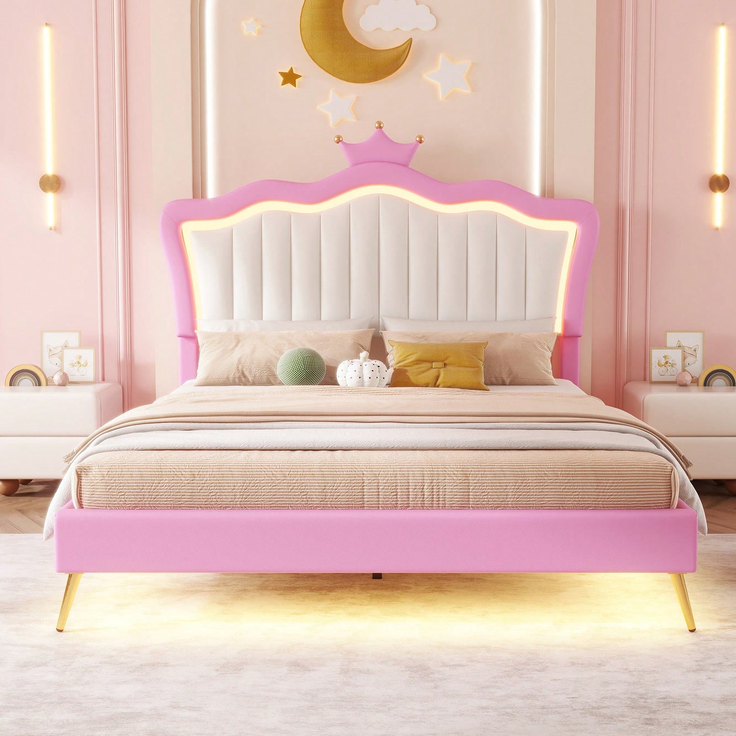 Modern Pink And White Upholstered Bed Frame With LED Lights And Crown Headboard For A Stylish Bedroom