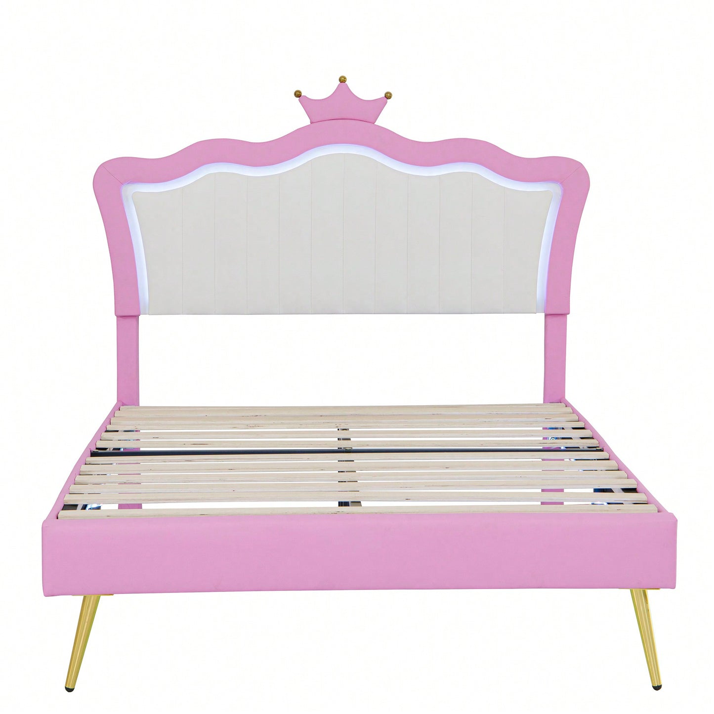 Modern Pink And White Upholstered Bed Frame With LED Lights And Crown Headboard For A Stylish Bedroom