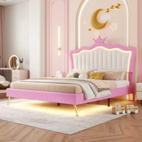 Modern Pink And White Upholstered Bed Frame With LED Lights And Crown Headboard For A Stylish Bedroom