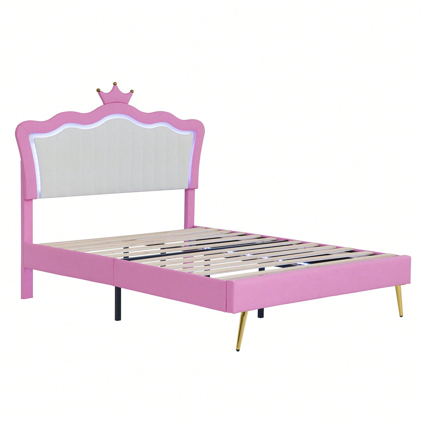 Modern Pink And White Upholstered Bed Frame With LED Lights And Crown Headboard For A Stylish Bedroom