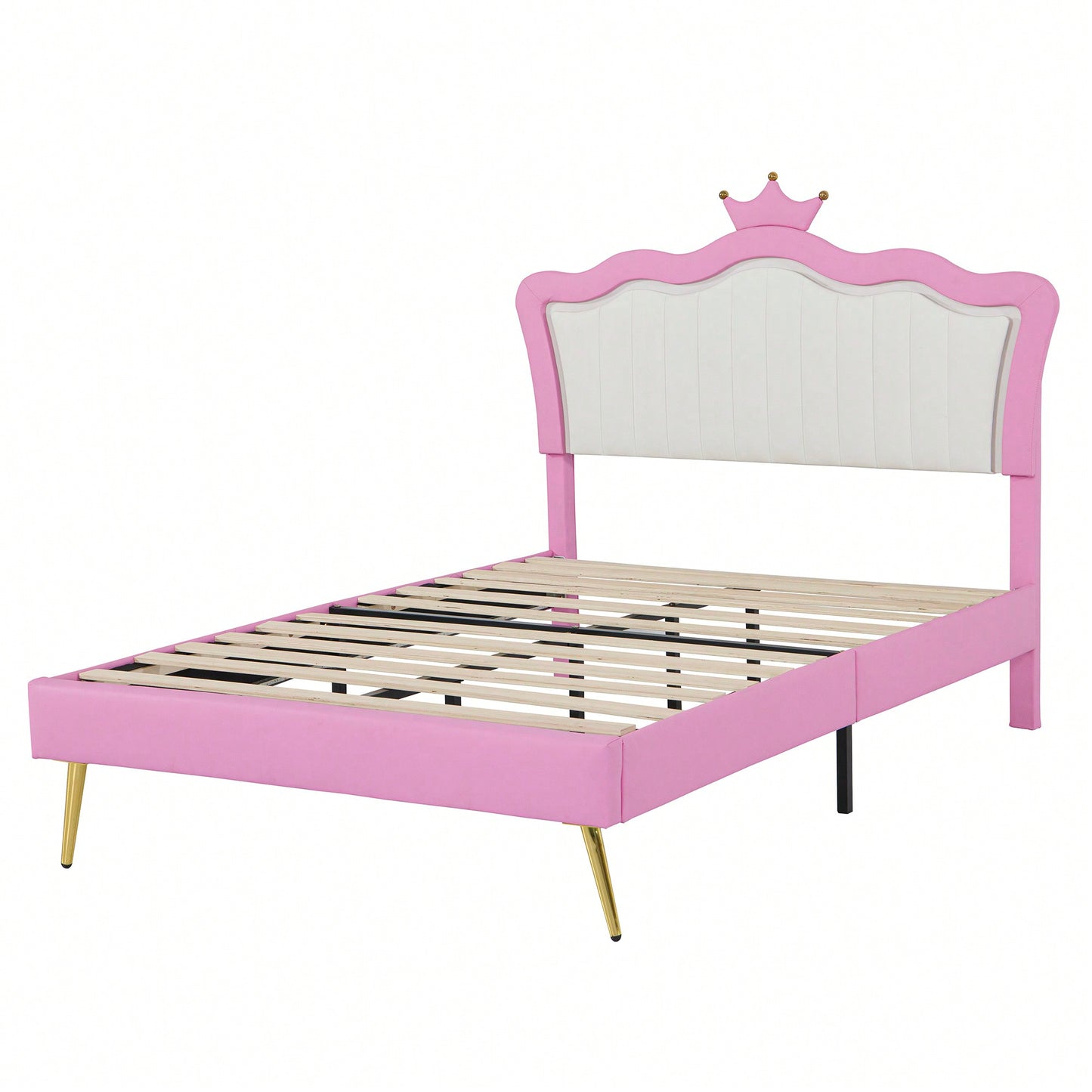 Modern Pink And White Upholstered Bed Frame With LED Lights And Crown Headboard For A Stylish Bedroom