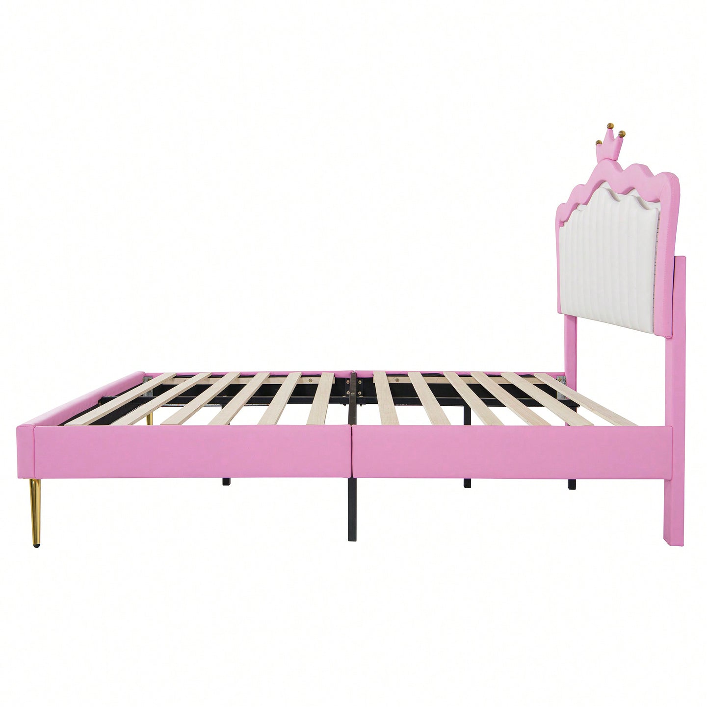 Modern Pink And White Upholstered Bed Frame With LED Lights And Crown Headboard For A Stylish Bedroom