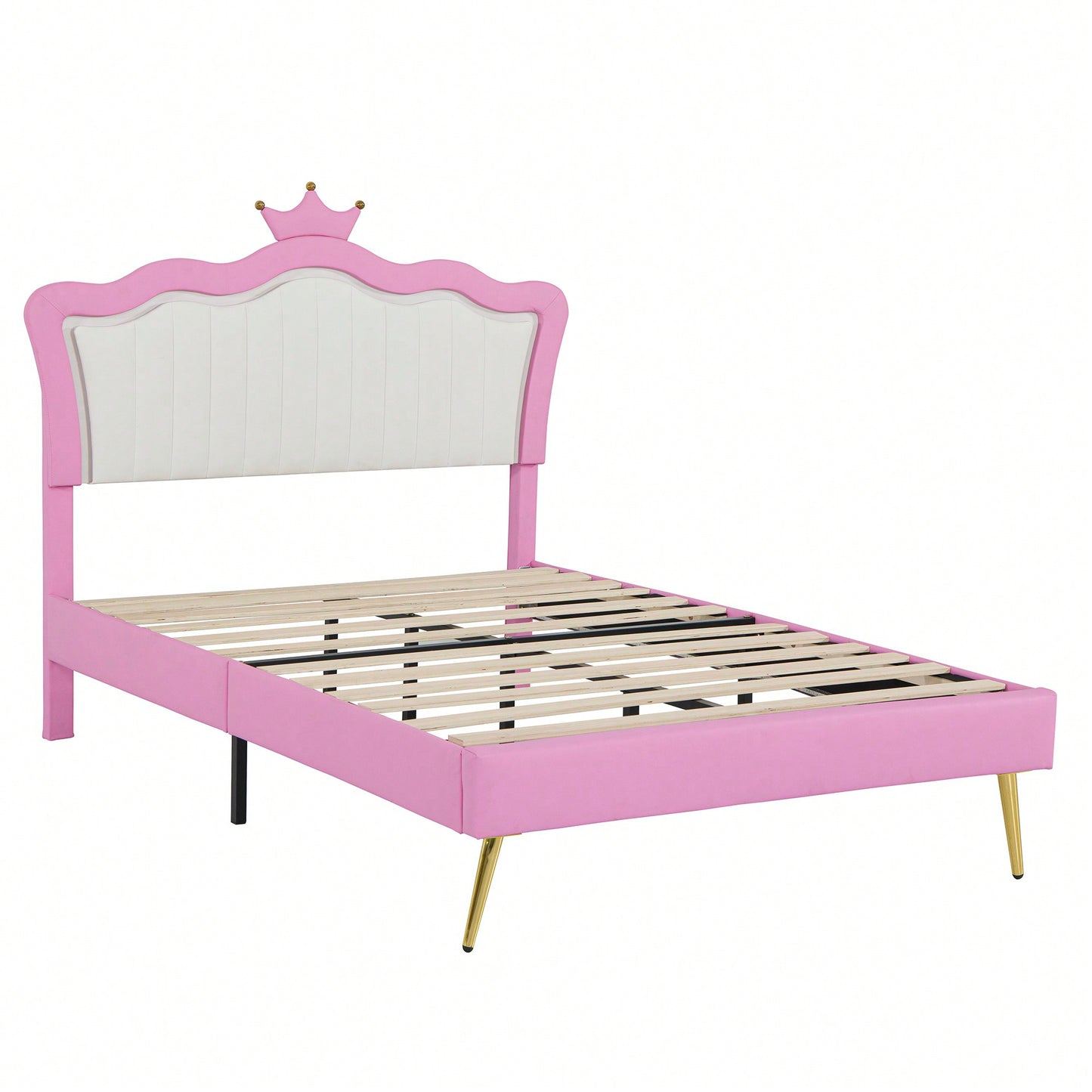 Modern Pink And White Upholstered Bed Frame With LED Lights And Crown Headboard For A Stylish Bedroom