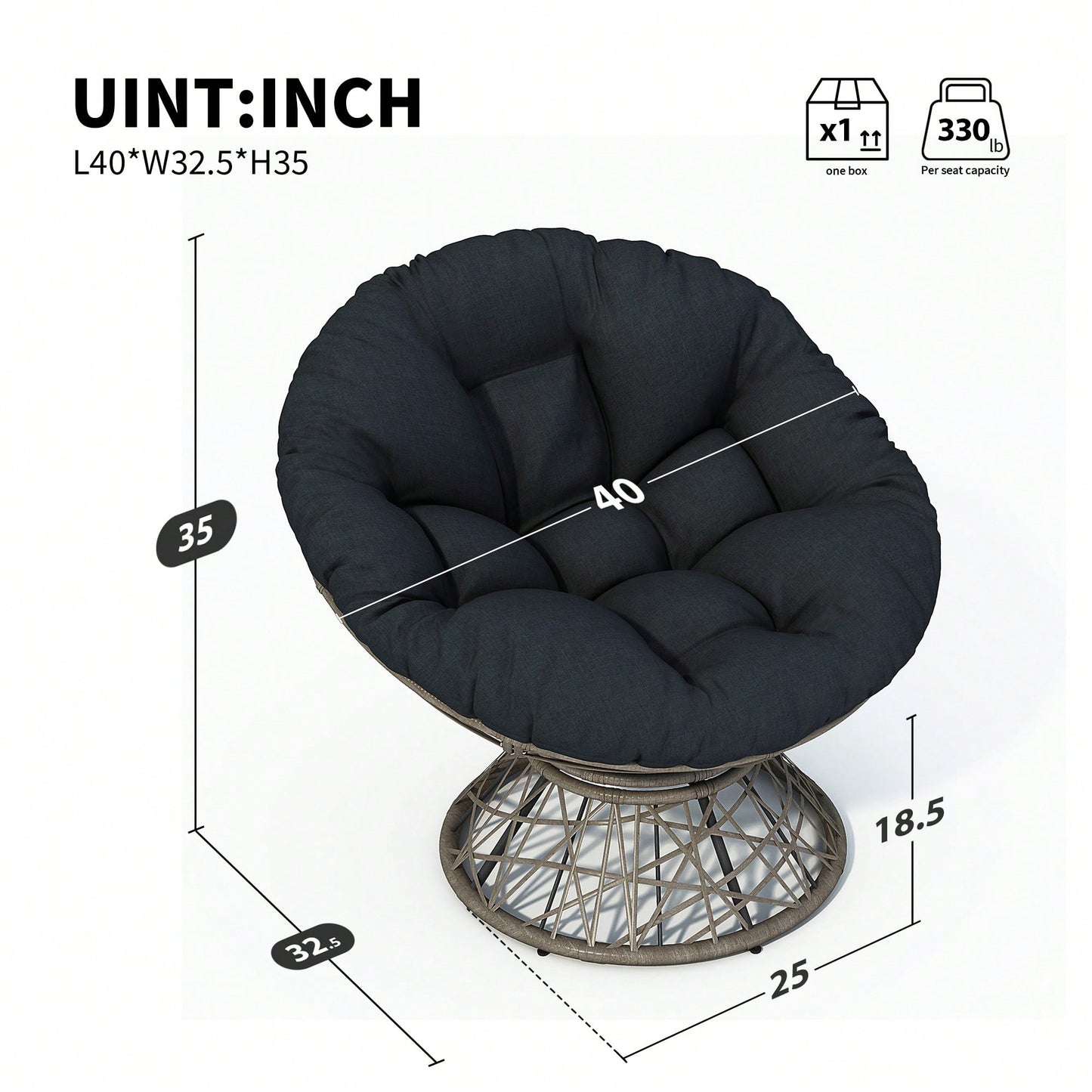 40 Inch Ergonomic Wicker Papasan Chair With Plush Thick Cushion 360 Degree Swivel High Capacity Iron Frame For Living Room Bedroom Lounge Natural Base Available In 2 Colors