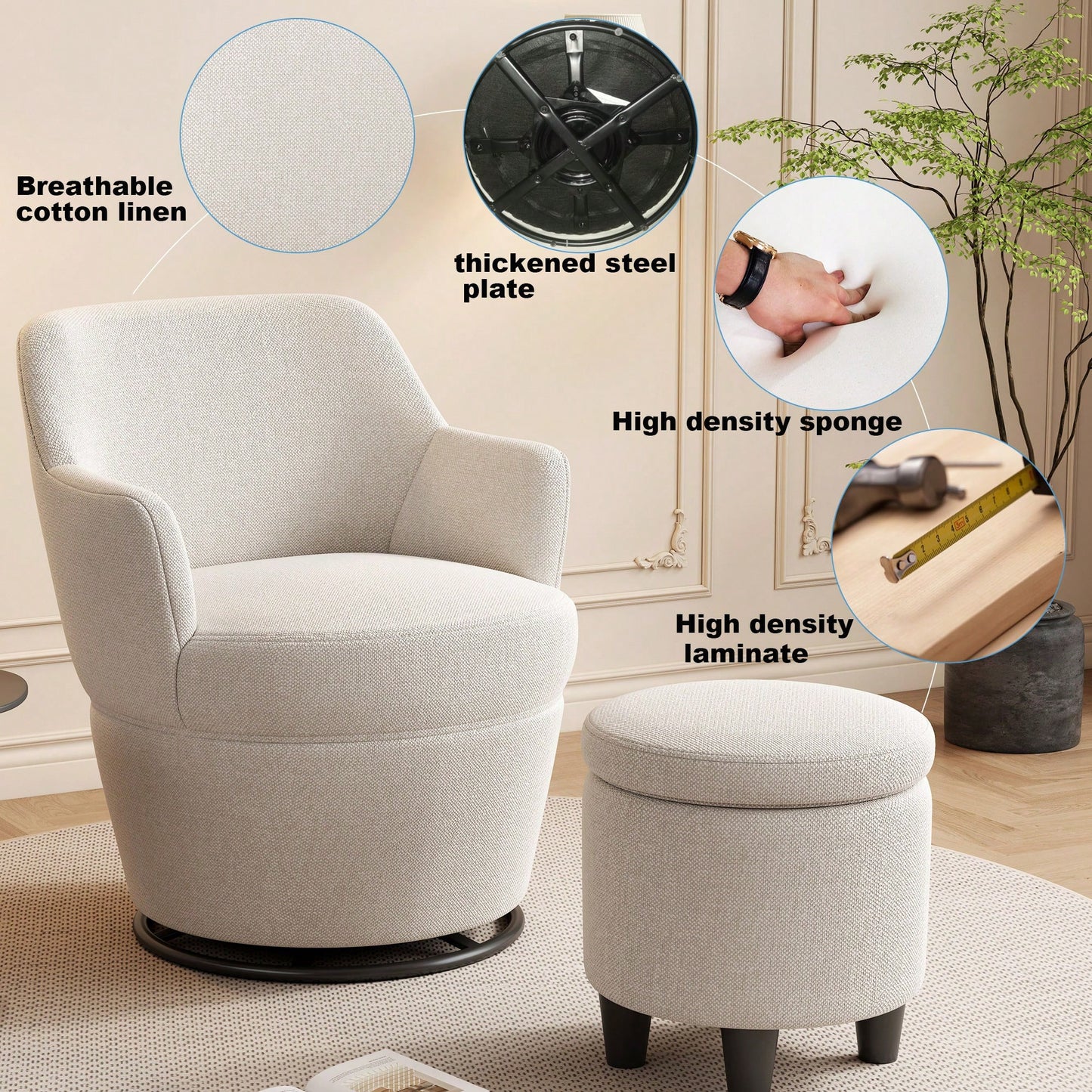 360 Degree Swivel Accent Chair With Ottoman Stylish Lounge Sofa For Living Room Bedroom Nursery Vanity Beige White