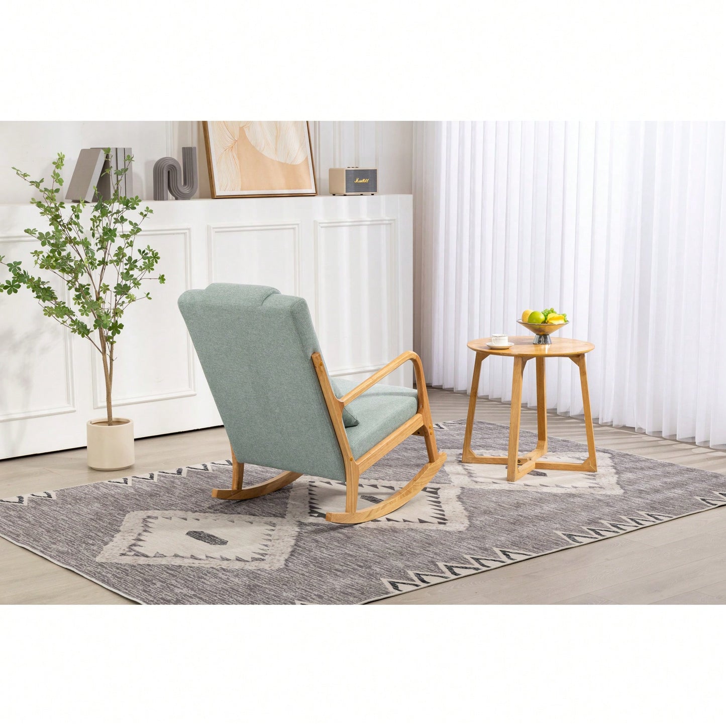 Upholstered High Back Rocking Chair With Lumbar Pillow For Living Room Comfort