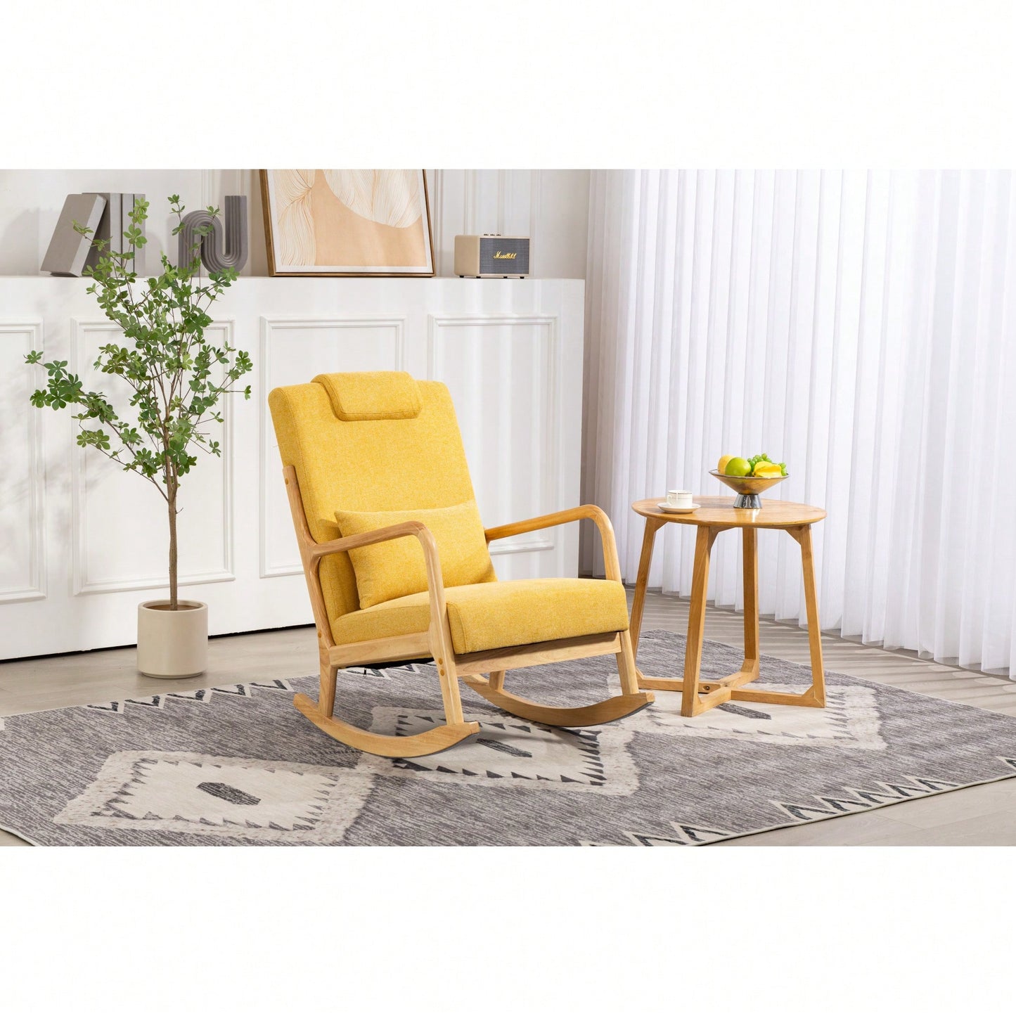 Upholstered High Back Rocking Chair With Lumbar Pillow For Living Room Comfort