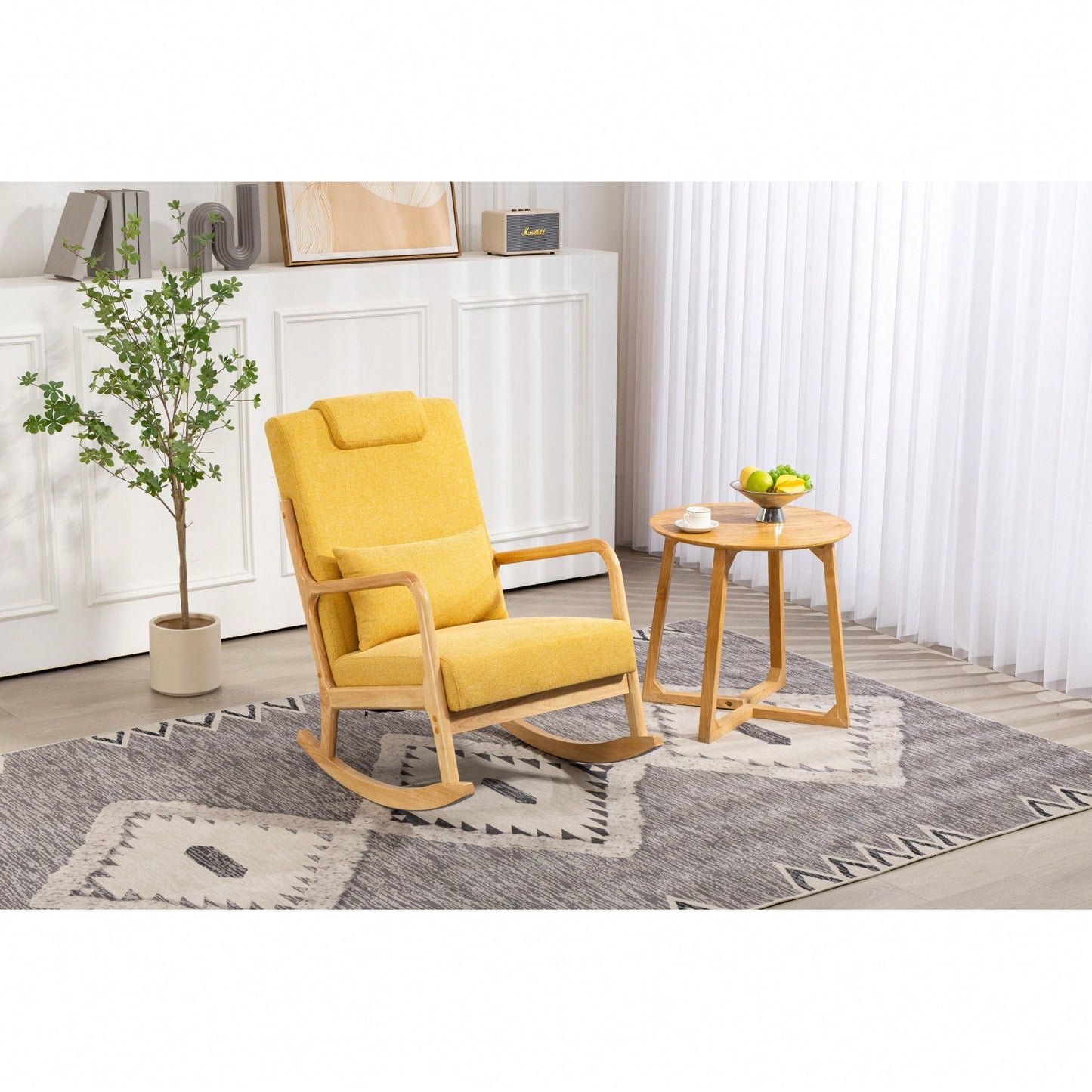 Upholstered High Back Rocking Chair With Lumbar Pillow For Living Room Comfort