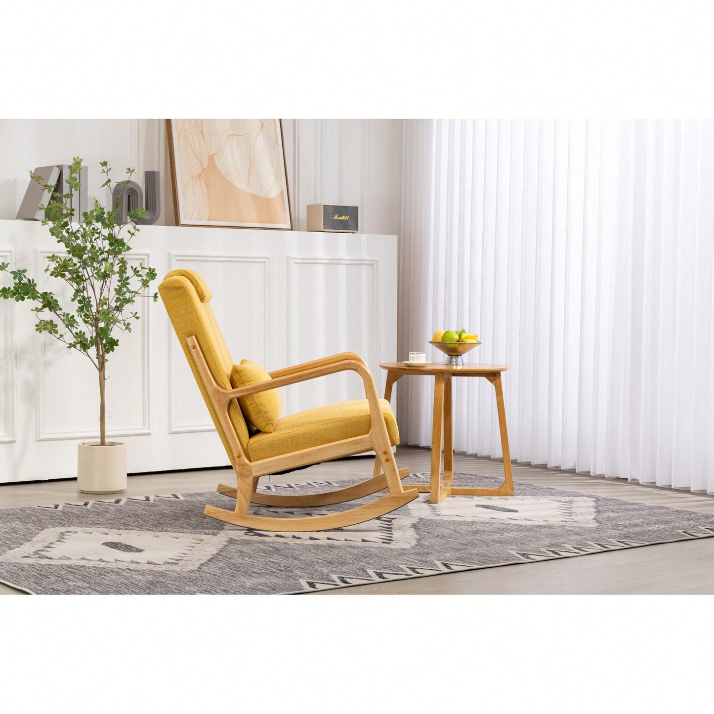 Upholstered High Back Rocking Chair With Lumbar Pillow For Living Room Comfort