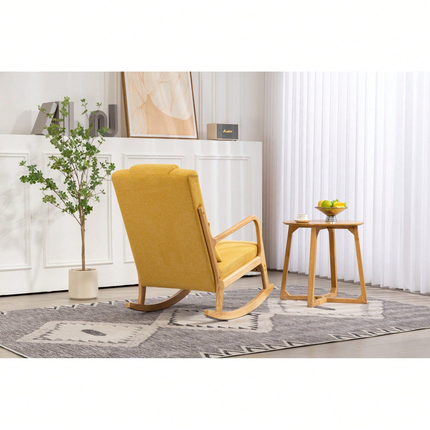 Upholstered High Back Rocking Chair With Lumbar Pillow For Living Room Comfort