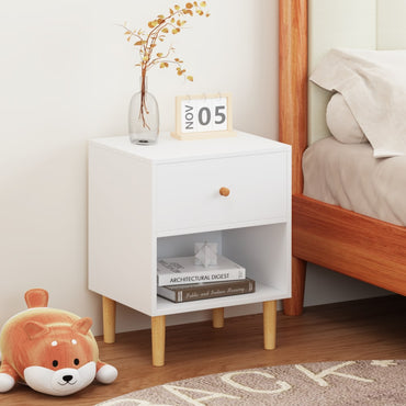 Stylish 23.22 Inch White Wooden Nightstand With Drawer And Shelf For Kids And Adults