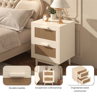 Faux Rattan-Decorated Wood Nightstand With 2 Drawers For Bedroom And Living Room Storage