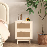 Faux Rattan-Decorated Wood Nightstand With 2 Drawers For Bedroom And Living Room Storage