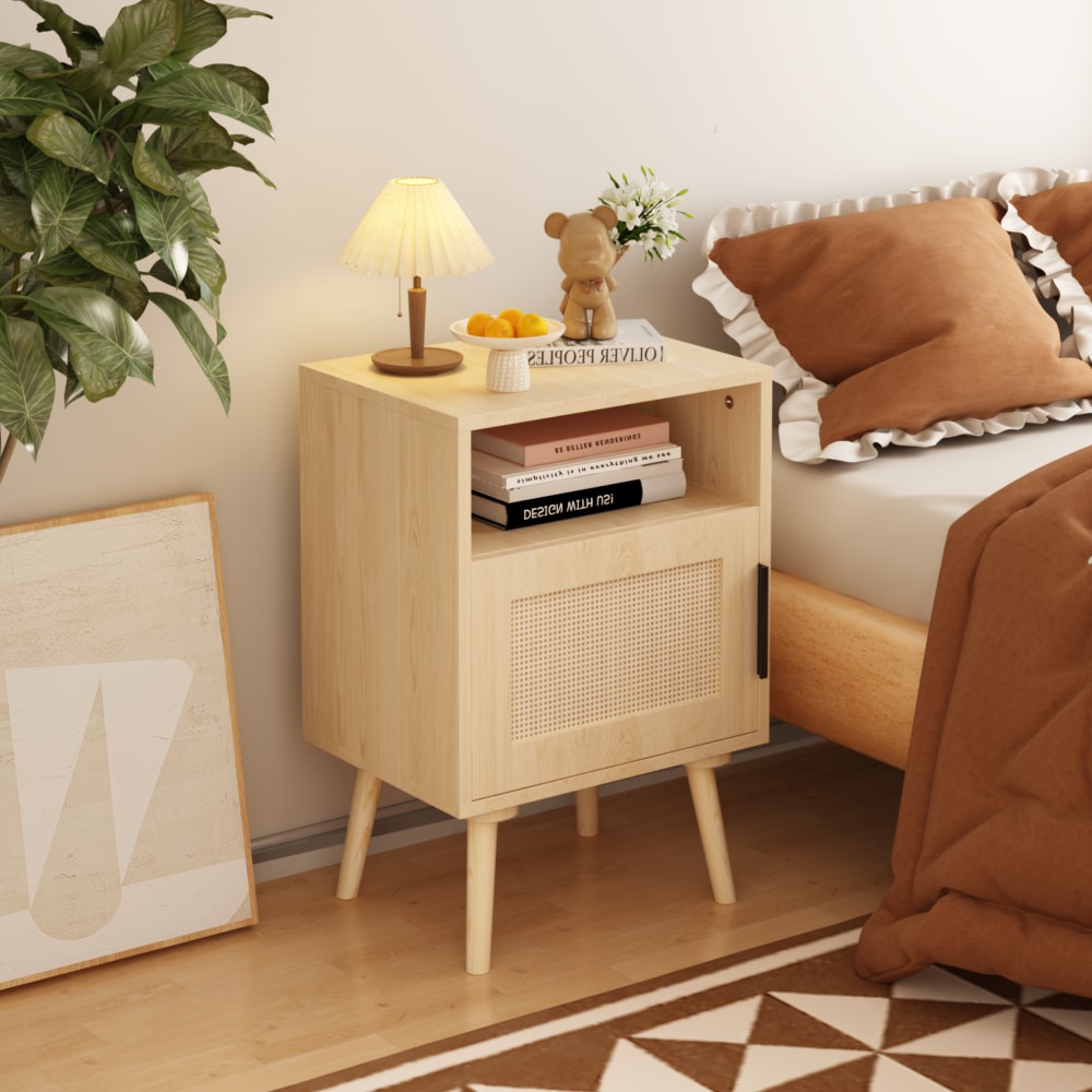 22.83 Inch Tall Rattan Nightstand With Open Shelf And Solid Wood Legs For Bedroom And Small Spaces In Oak Finish