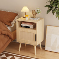 22.83 Inch Tall Rattan Nightstand With Open Shelf And Solid Wood Legs For Bedroom And Small Spaces In Oak Finish