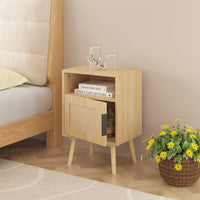 22.83 Inch Tall Rattan Nightstand With Open Shelf And Solid Wood Legs For Bedroom And Small Spaces In Oak Finish