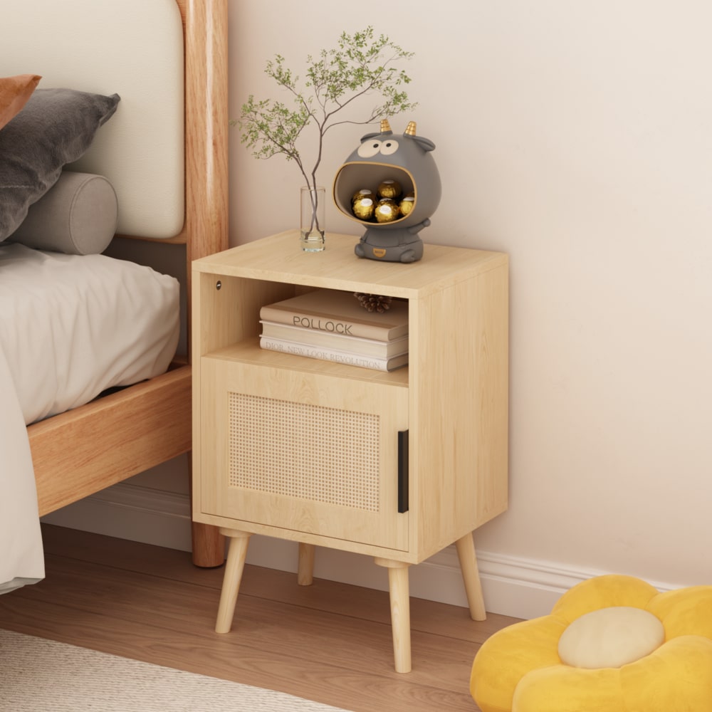 22.83 Inch Tall Rattan Nightstand With Open Shelf And Solid Wood Legs For Bedroom And Small Spaces In Oak Finish