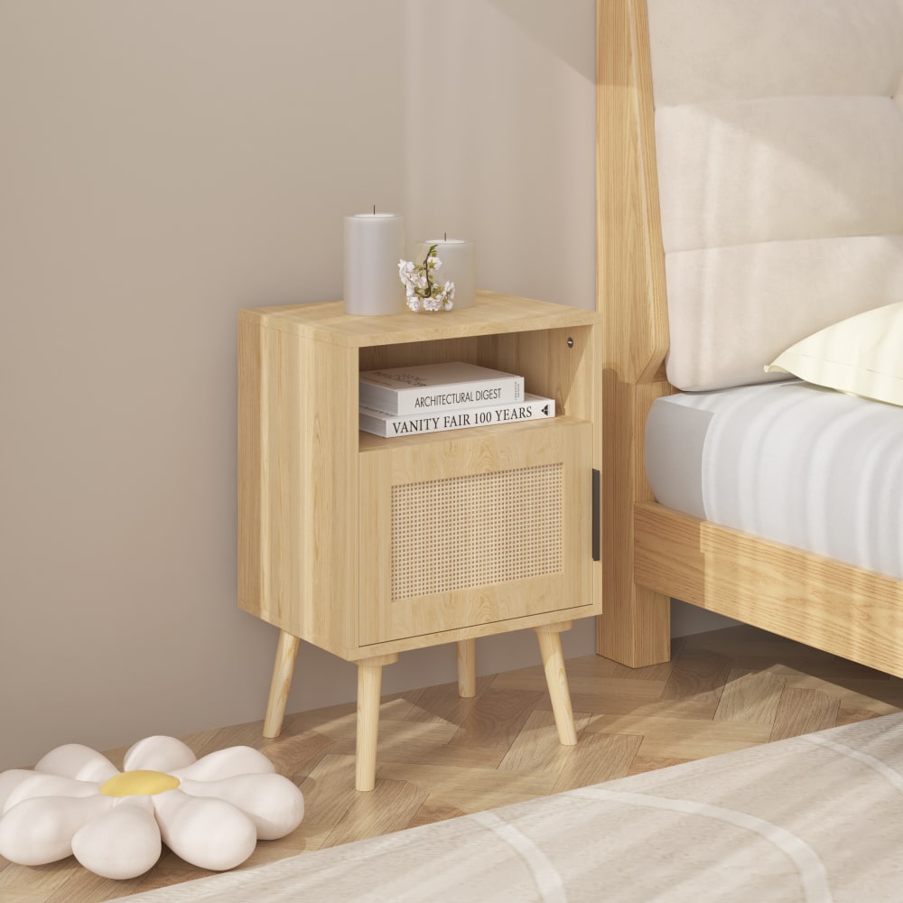 22.83 Inch Tall Rattan Nightstand With Open Shelf And Solid Wood Legs For Bedroom And Small Spaces In Oak Finish