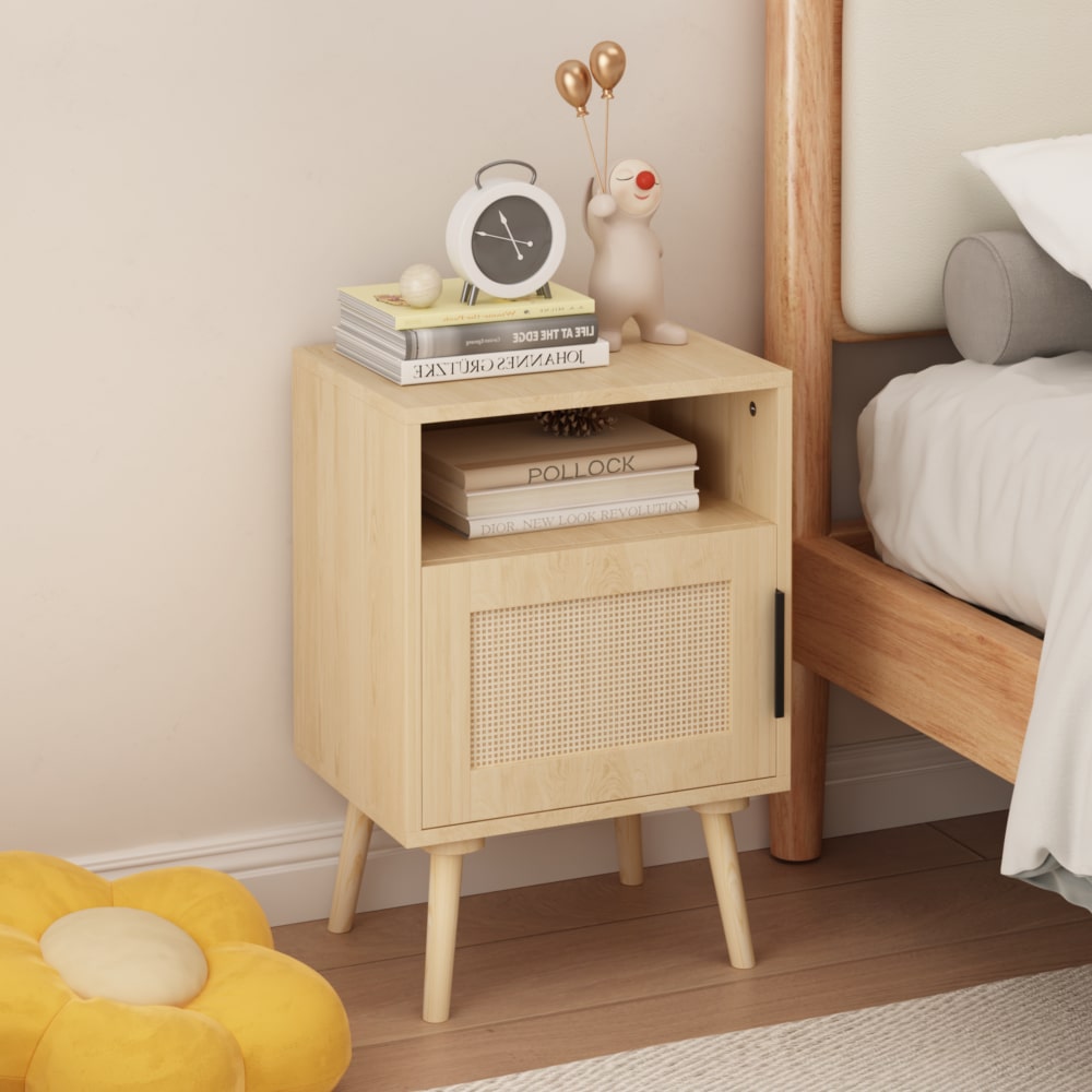 22.83 Inch Tall Rattan Nightstand With Open Shelf And Solid Wood Legs For Bedroom And Small Spaces In Oak Finish