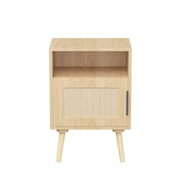 22.83 Inch Tall Rattan Nightstand With Open Shelf And Solid Wood Legs For Bedroom And Small Spaces In Oak Finish