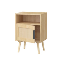 22.83 Inch Tall Rattan Nightstand With Open Shelf And Solid Wood Legs For Bedroom And Small Spaces In Oak Finish