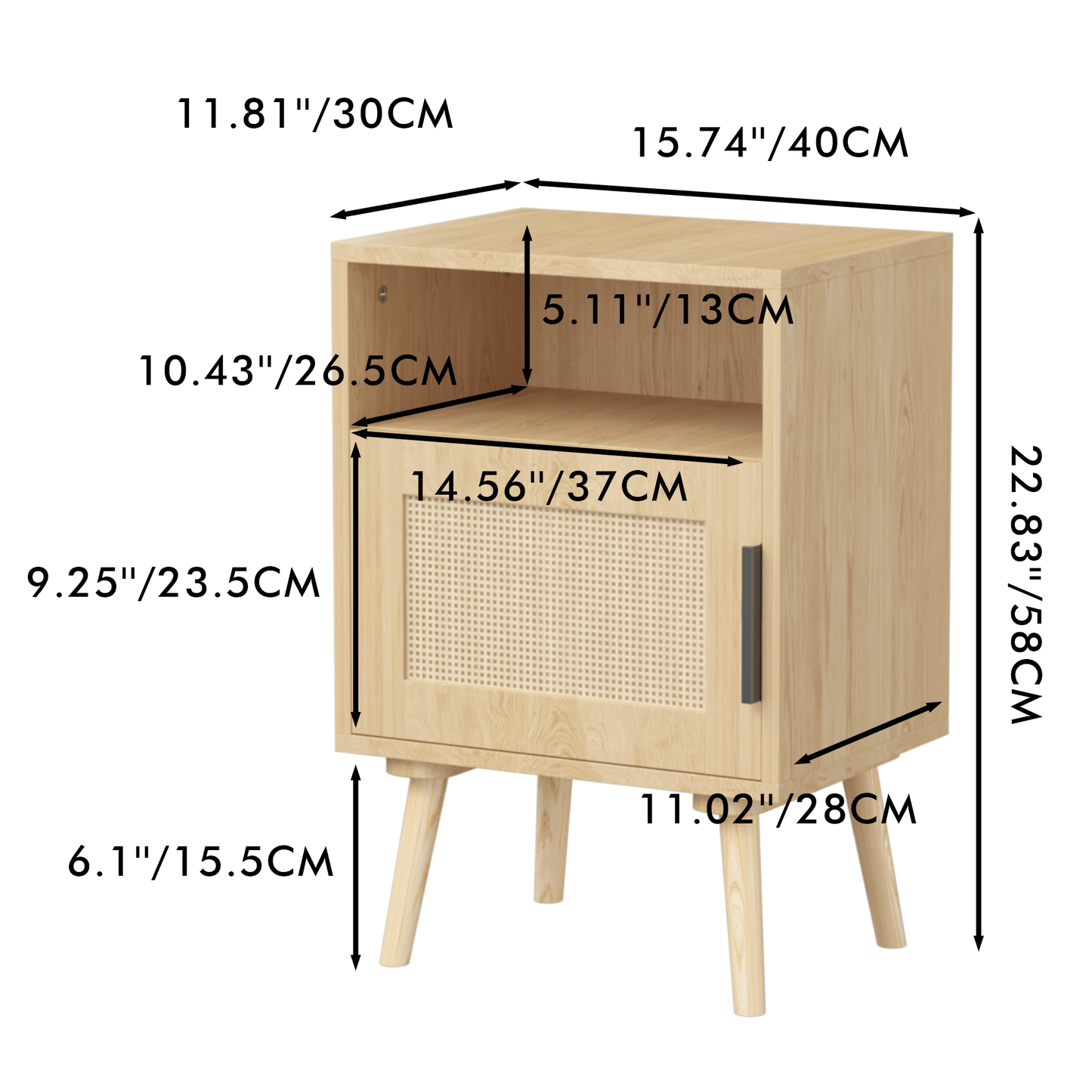 22.83 Inch Tall Rattan Nightstand With Open Shelf And Solid Wood Legs For Bedroom And Small Spaces In Oak Finish