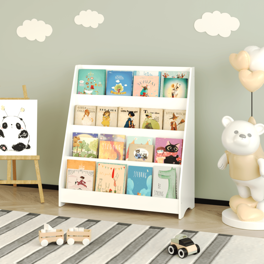 4-Tier Toddler Book Display Shelf For Organized Bedrooms, Playrooms, And Classrooms In White