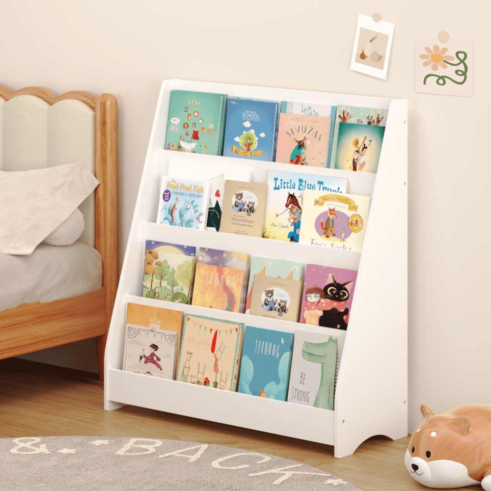 4-Tier Toddler Book Display Shelf For Organized Bedrooms, Playrooms, And Classrooms In White