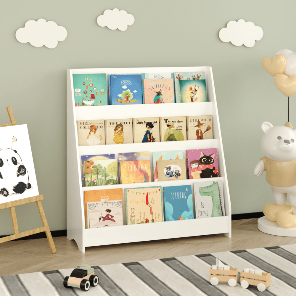 4-Tier Toddler Book Display Shelf For Organized Bedrooms, Playrooms, And Classrooms In White