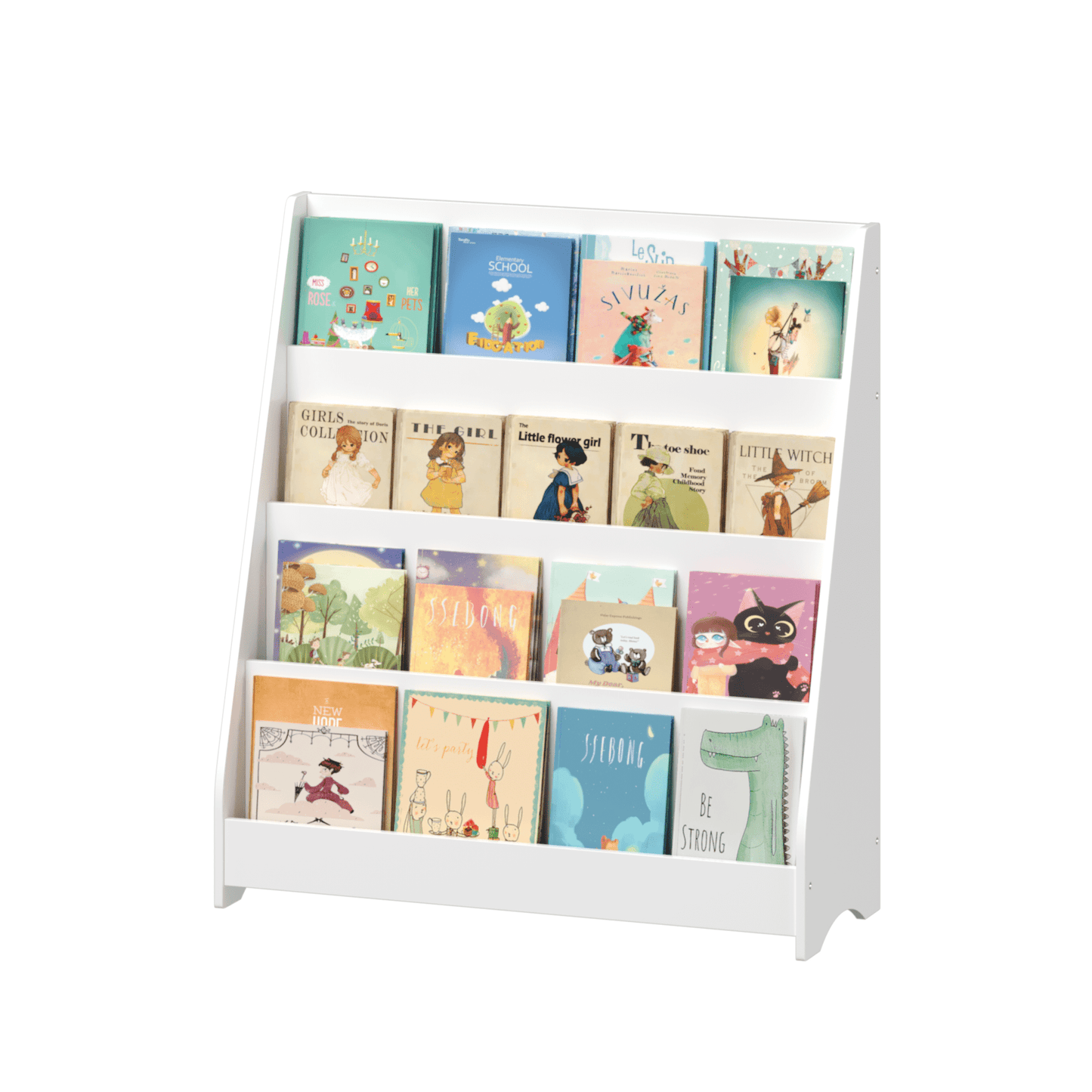 4-Tier Toddler Book Display Shelf For Organized Bedrooms, Playrooms, And Classrooms In White