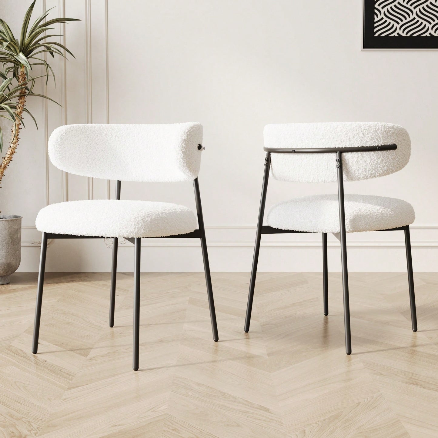 Set Of 2 White Teddy Velvet Dining Chairs With Metal Legs For Home And Office Easy Assembly Modern Design