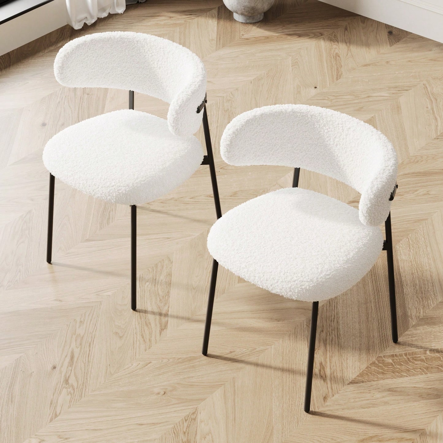 Set Of 2 White Teddy Velvet Dining Chairs With Metal Legs For Home And Office Easy Assembly Modern Design