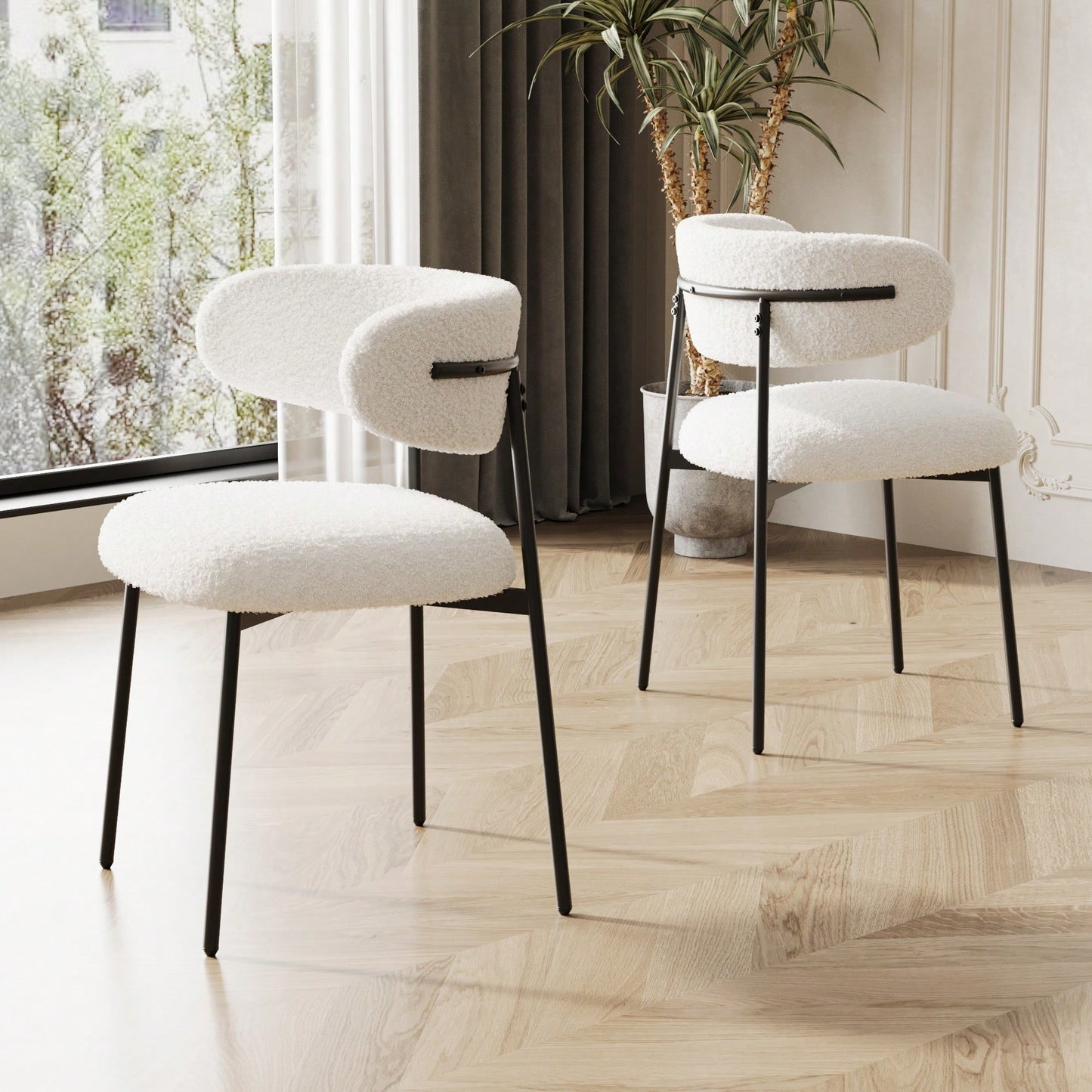 Set Of 2 White Teddy Velvet Dining Chairs With Metal Legs For Home And Office Easy Assembly Modern Design