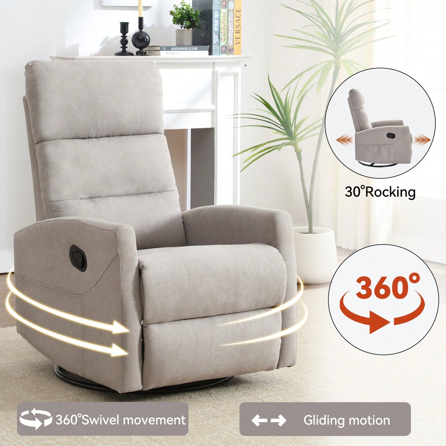 Fabric Manual Recliner Chair With Rocker And Swivel For Living Room Comfort Yellow