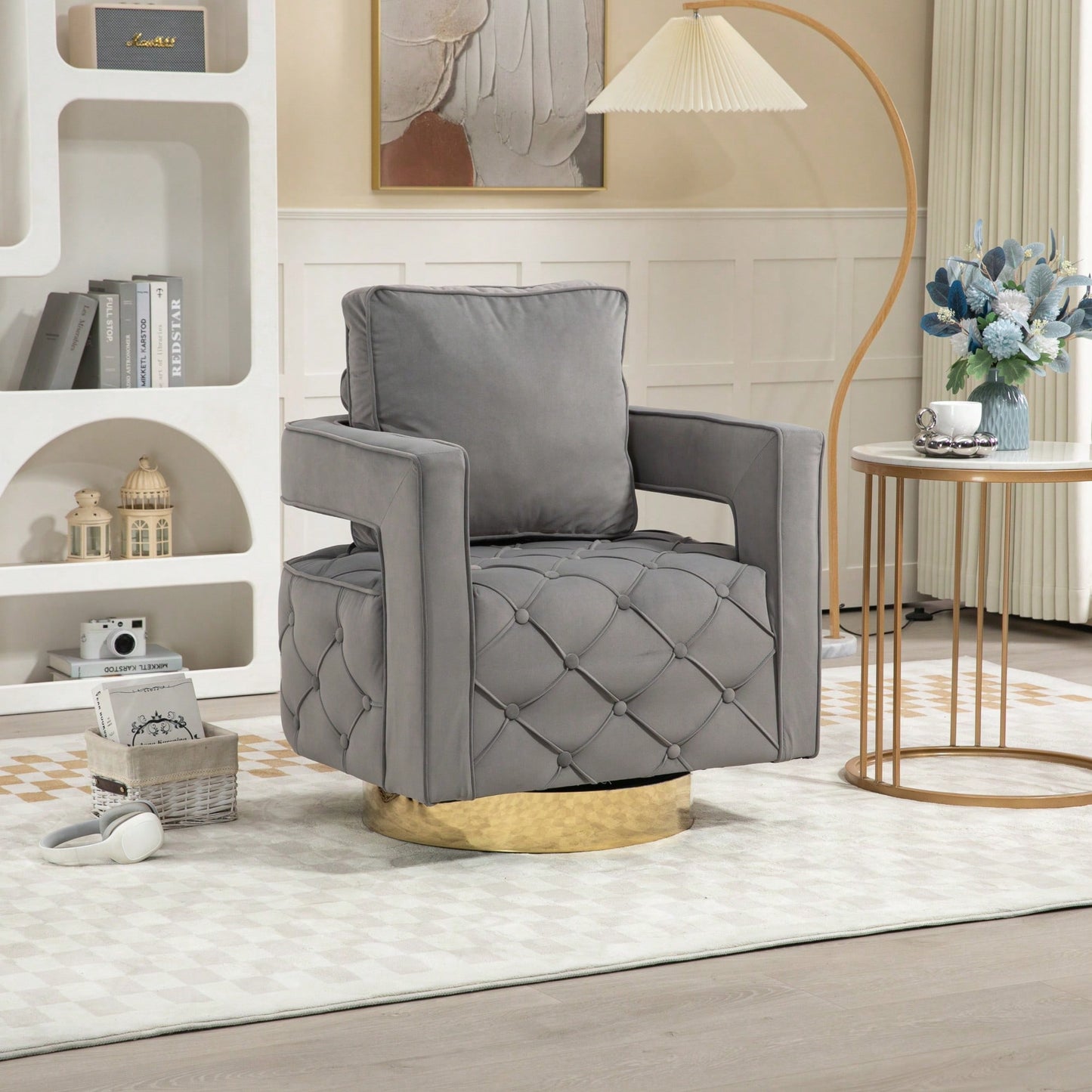 Modern Velvet Swivel Accent Chair With Pillow Tufted Button Design For Living Room Bedroom Office Gray