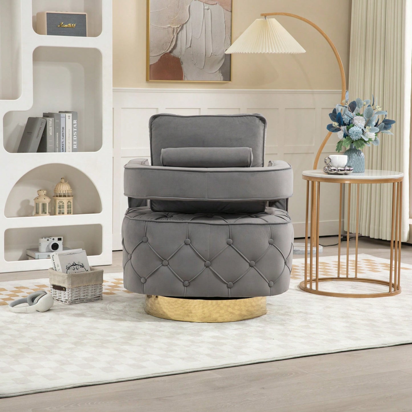 Modern Velvet Swivel Accent Chair With Pillow Tufted Button Design For Living Room Bedroom Office Gray