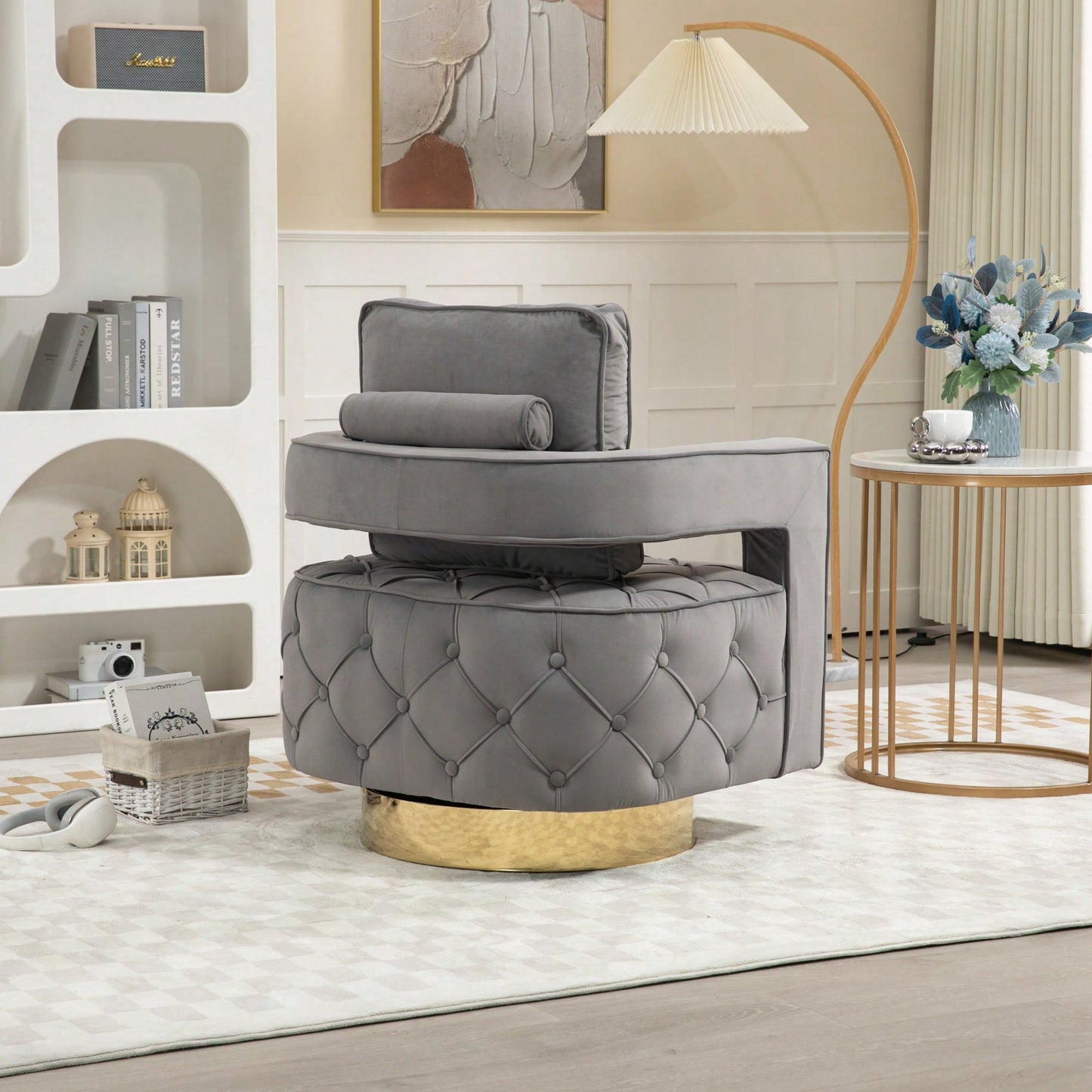 Modern Velvet Swivel Accent Chair With Pillow Tufted Button Design For Living Room Bedroom Office Gray