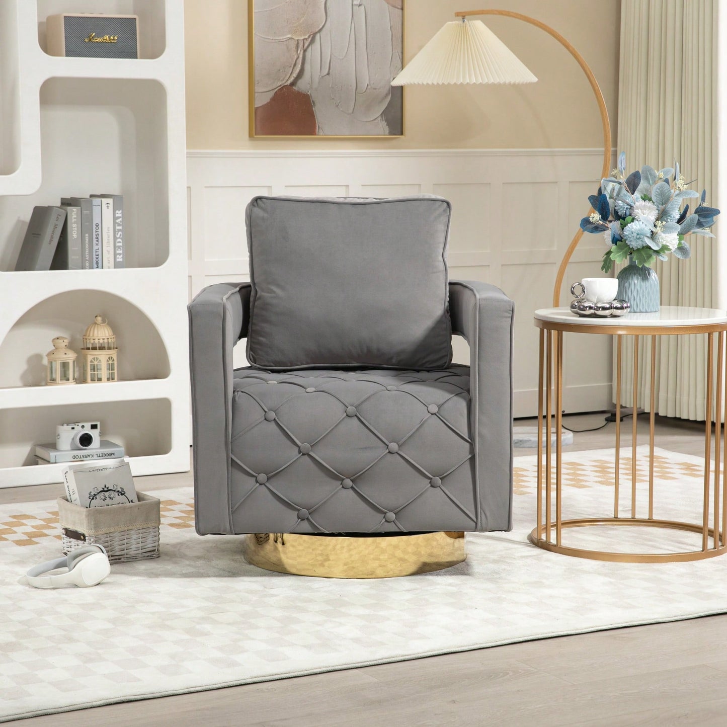 Modern Velvet Swivel Accent Chair With Pillow Tufted Button Design For Living Room Bedroom Office Gray