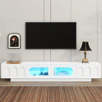 Stylish TV Stand With Fluted Glass Doors For TVs Up To 95 Inches, Functional Media Console With Arched Cabinet Doors And APP-Controlled LED Lights, Modern Entertainment Center In White